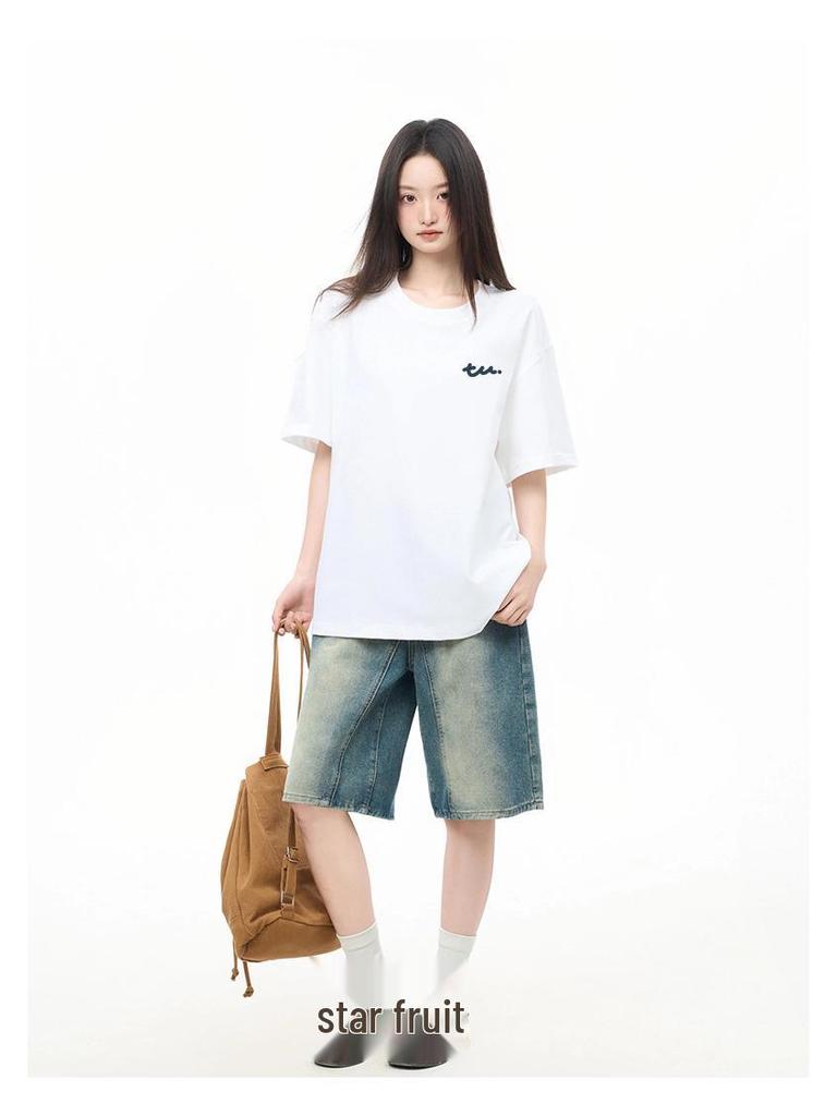 Japanese Minimalist Women's TU Print Cotton T-Shirt - Loose Short Sleeve, Round Neck, Trendy and Versatile Summer Top