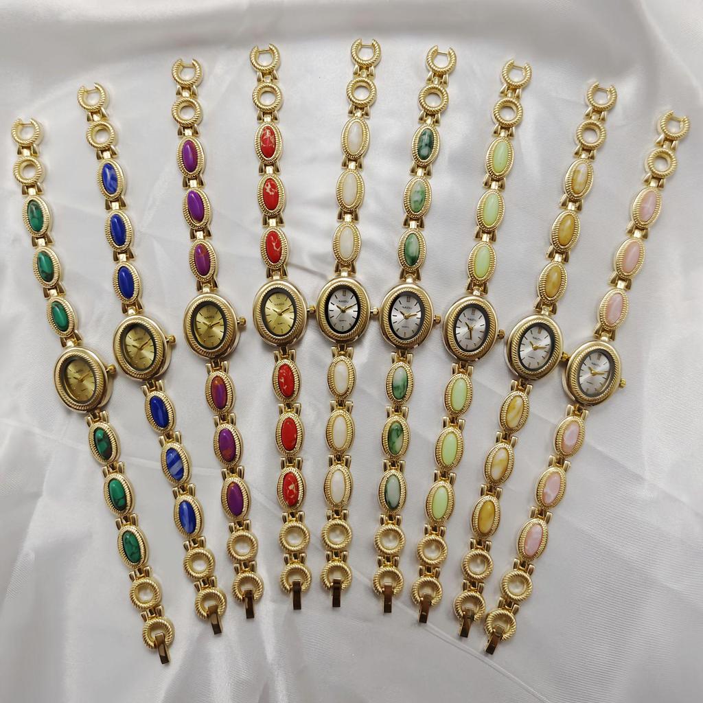 Korean Style Women's Oval Bracelet Watch - Colorful Stone, Versatile, Niche Fashion, Gold, High-End Feel