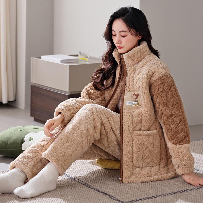 Coral Fleece Three-Layer Padded Pajamas Women'S Autumn And Winter Thickened Warm Padded Jacket Loungewear Set