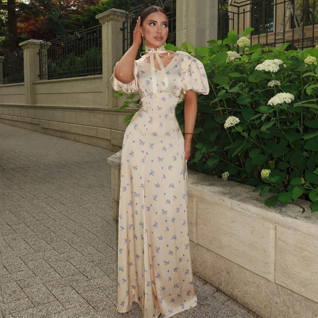 European and American women's clothing 2026 summer new French style V-neck streamer bubble sleeve high waist floral dress women