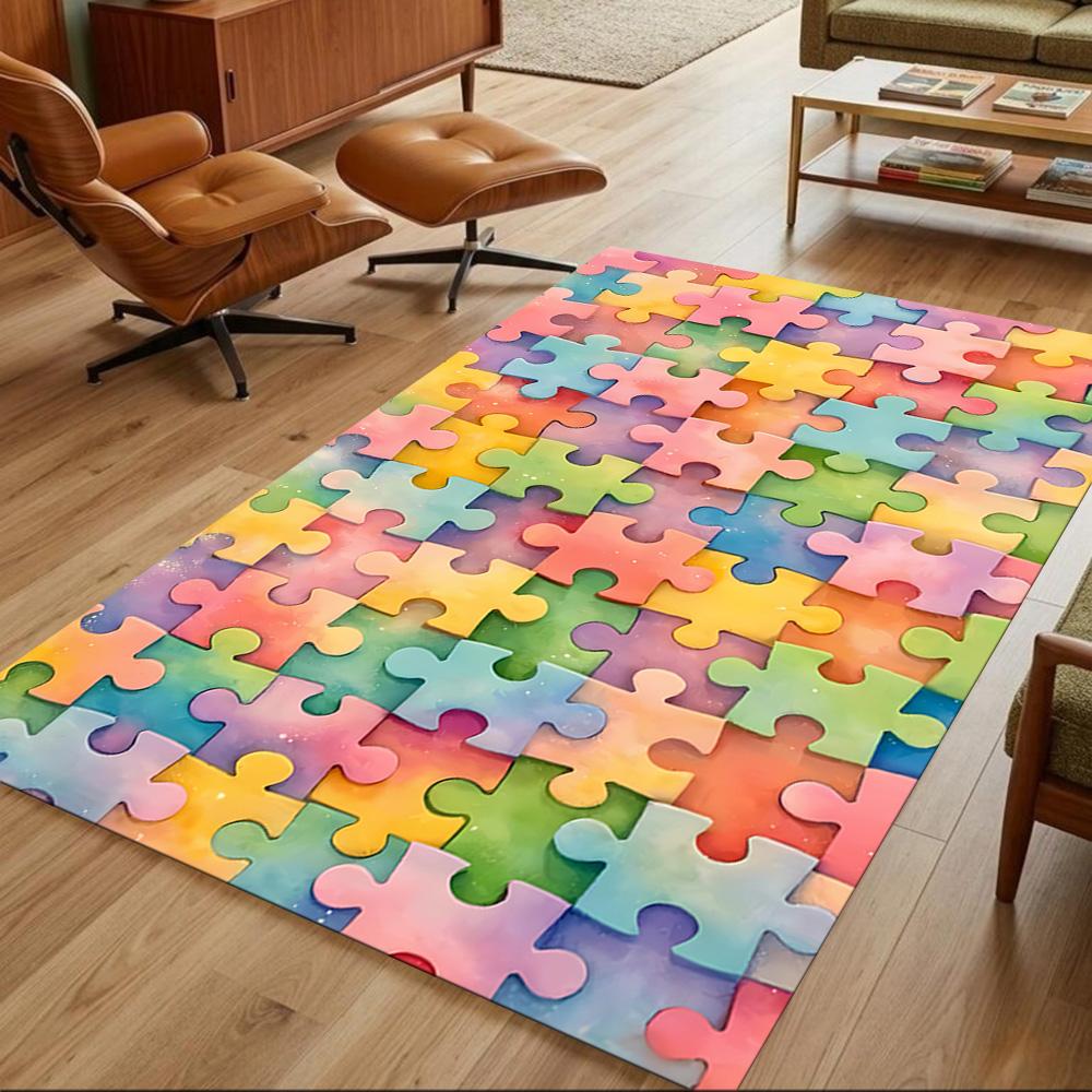 Colorful Puzzle Pattern Background Non-Slip Home Carpet Design for Office Decor Living Room Bedroom Gift