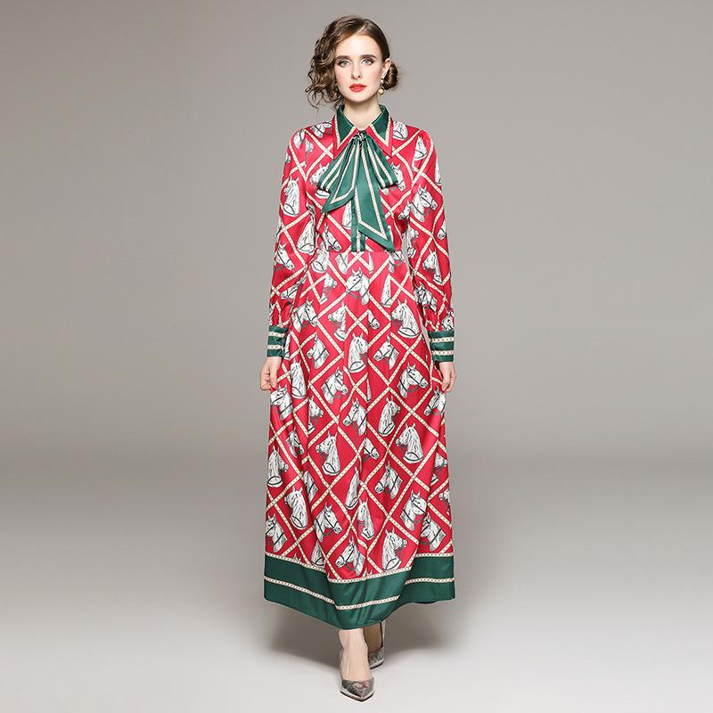 Mode Designer Runway Fliege Gürtel Hemd Kleid Frauen Volle Hülse Drehen Unten Kragen Animal Print Colorblock Lange Maxi Kleider