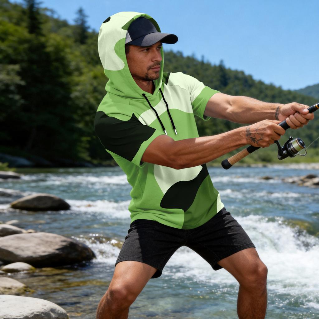 Sudadera con Capucha para Hombre Estampado de Camuflaje Manga Raglán Casual Pesca Deportiva Protección Solar Manga Corta Ligera Transpirable Camisa para Exteriores