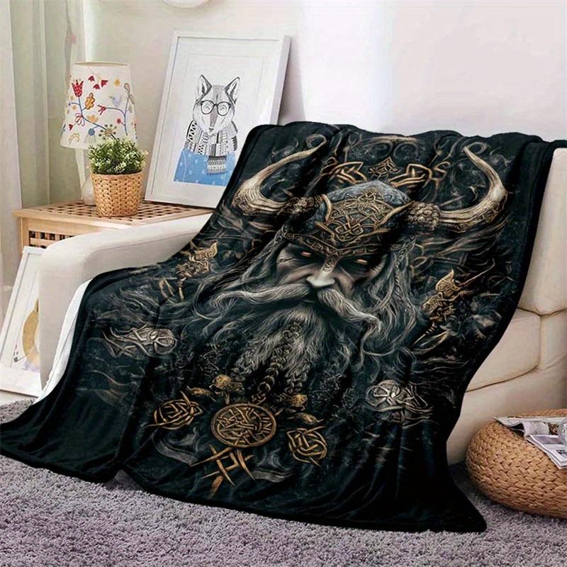 Dark Fantasy Style Viking Head Pattern Printed Blanket, Suitable for Sofa, Bed, Camping, Office, Travel Gift Blanket, All-season Multi-purpo