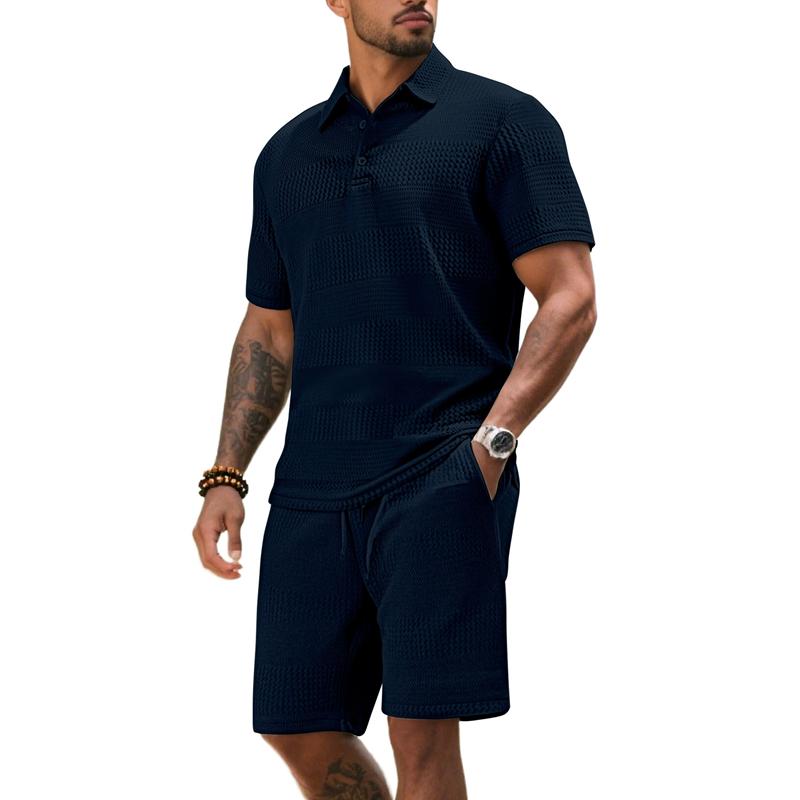 Men's Summer 2 Piece Outfit, Waffle Knit Polo Shirt and Elastic Waist Shorts, Casual Tracksuit for Beach Streetwear