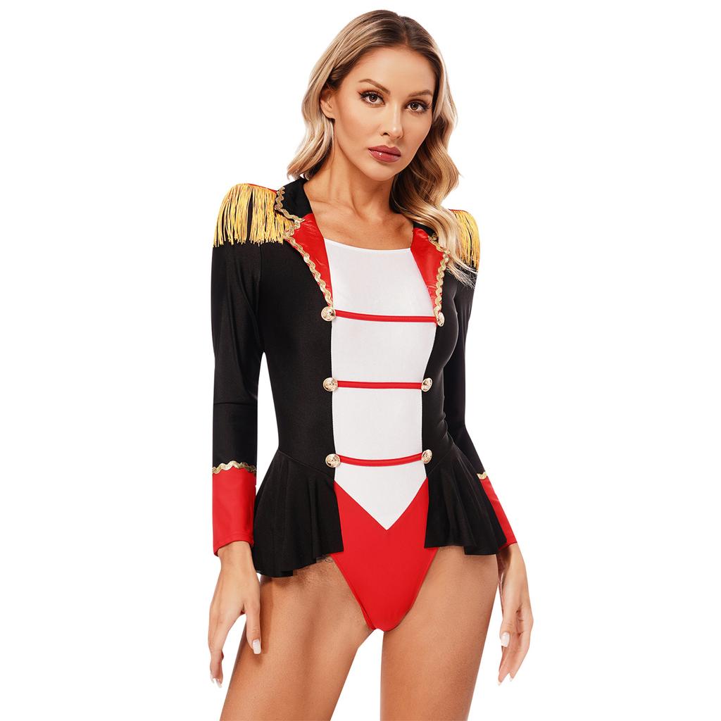 Femei Halloween Circ Ringmaster Cosplay ciucuri Tricou Costum de scenă Femei Patchwork Body cu fustă Ținute pentru joc de rol