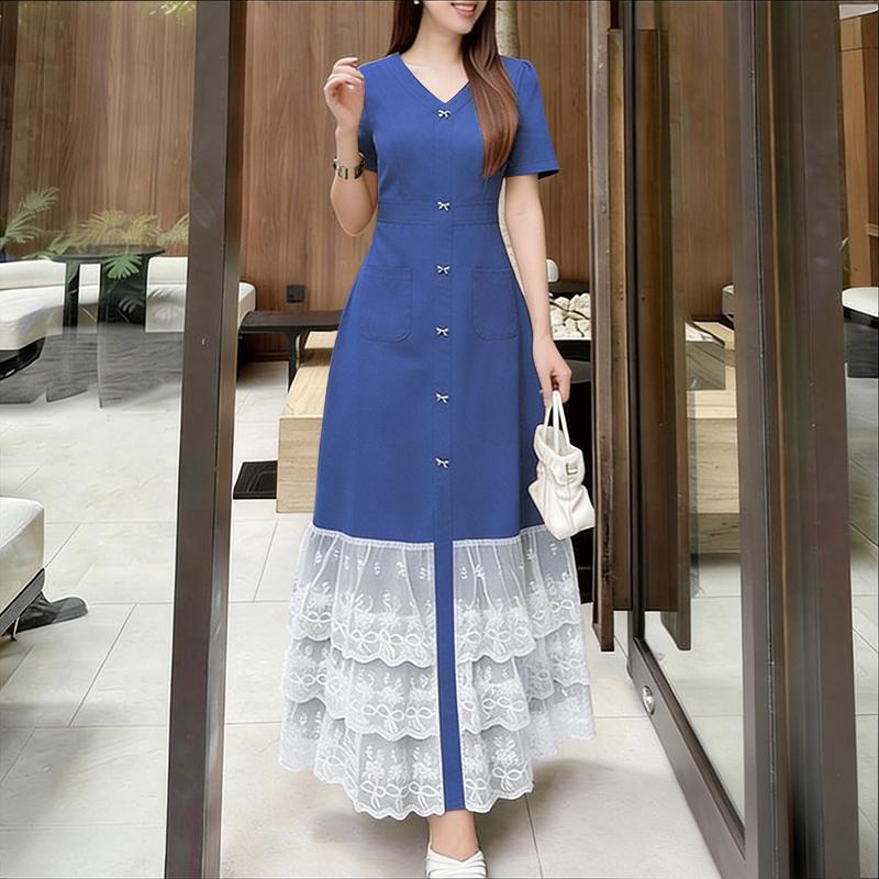 ZANZEA Women Casual V-Neck Short Sleeve Lace Splice Long Dress