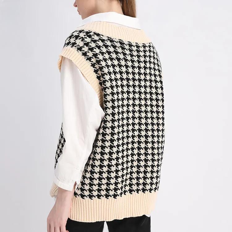 Women Fashion Oversized Houndstooth Plaid Knitted Vest Sweater Vintage Sleeveless Side Vents Female Waistcoat Chic Tops