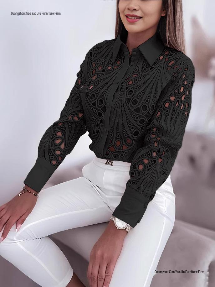 2026 Women's Lace Hollow Long Sleeve Shirt - Versatile Spring/Autumn Fashion