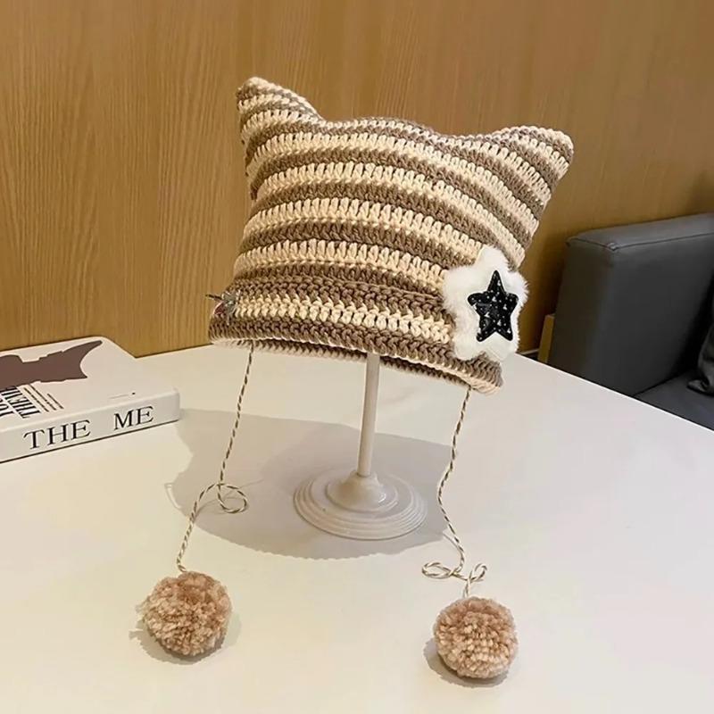 Y2K Beanie Hat Ins Devil Ear Striped Knitted Cap Autumn Winter Hip-hop Cute Cat Ears Pointed Pullover Women's Hats