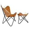 Brown Handmade Leather Butterfly Sling Chair&Foot Stool With Iron Stand