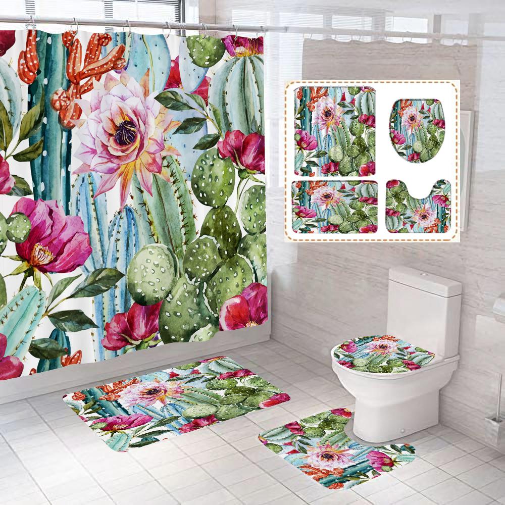 Green Tropical Plant Cactus Bathroom Curtain Polyester Fabric Shower Curtains Pedestal Rug Toilet Cover Bath Mat Set Home Decor