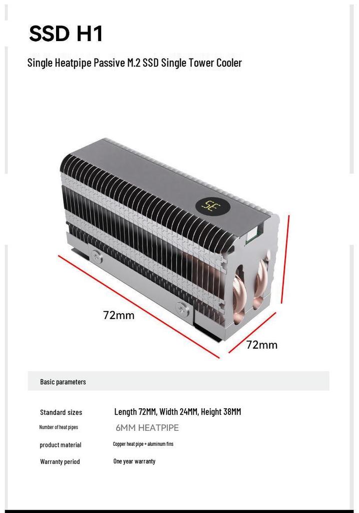 M.2 SSD Heatsink | Dual Copper Pipes | Temp Display | All-Aluminum | High-Efficiency Fan