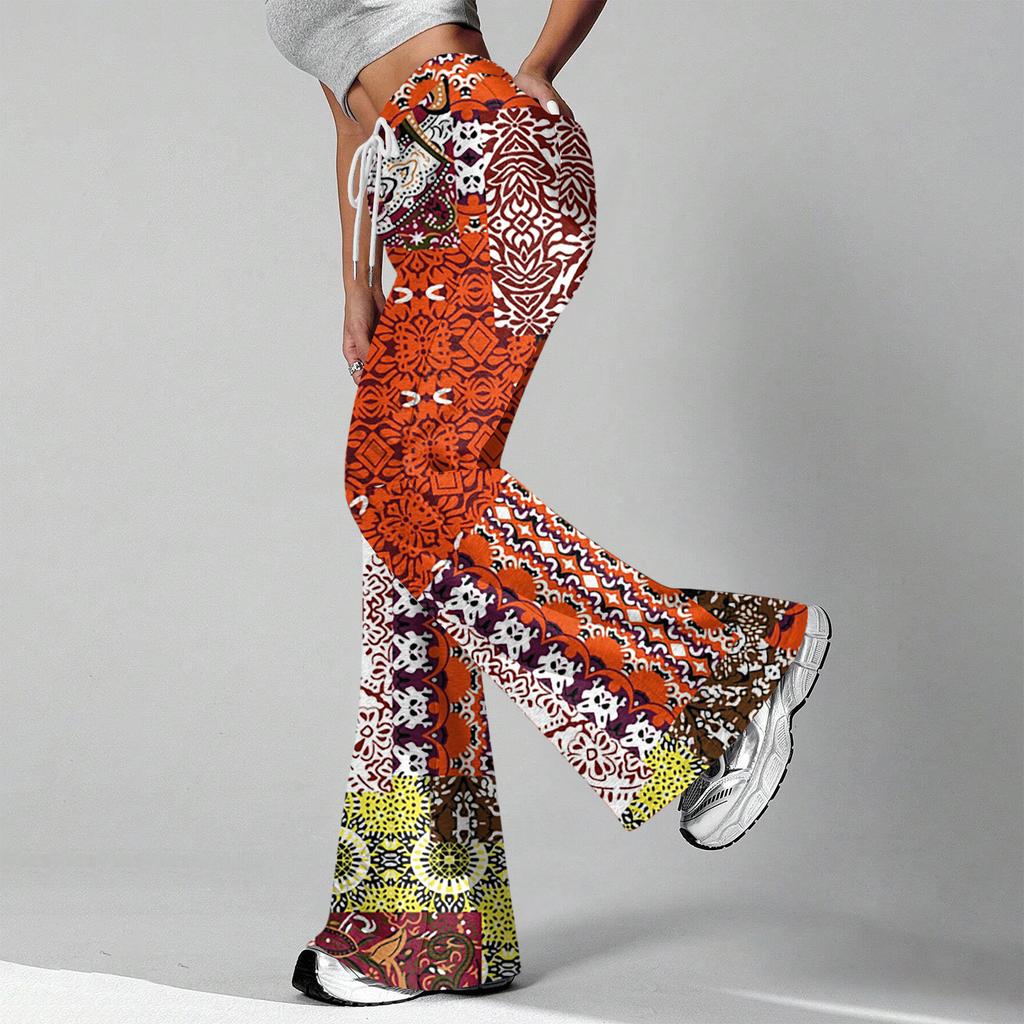 Women's Fashion Loose Drawstring Waist Retro Printed Casual Sports Pants Casual Flared Pants