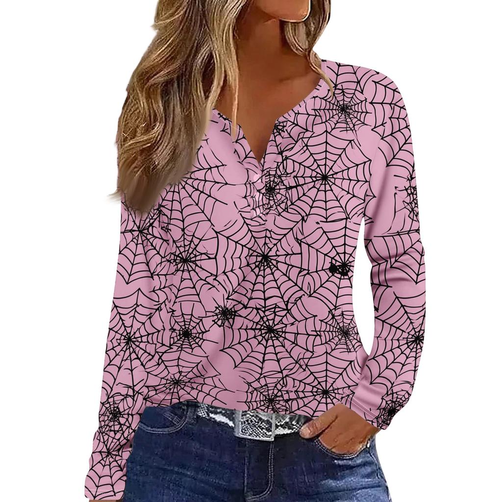 Women's Casual Long Sleeve Halloween Print V-Neck T-Shirt with Decorative Buttons
