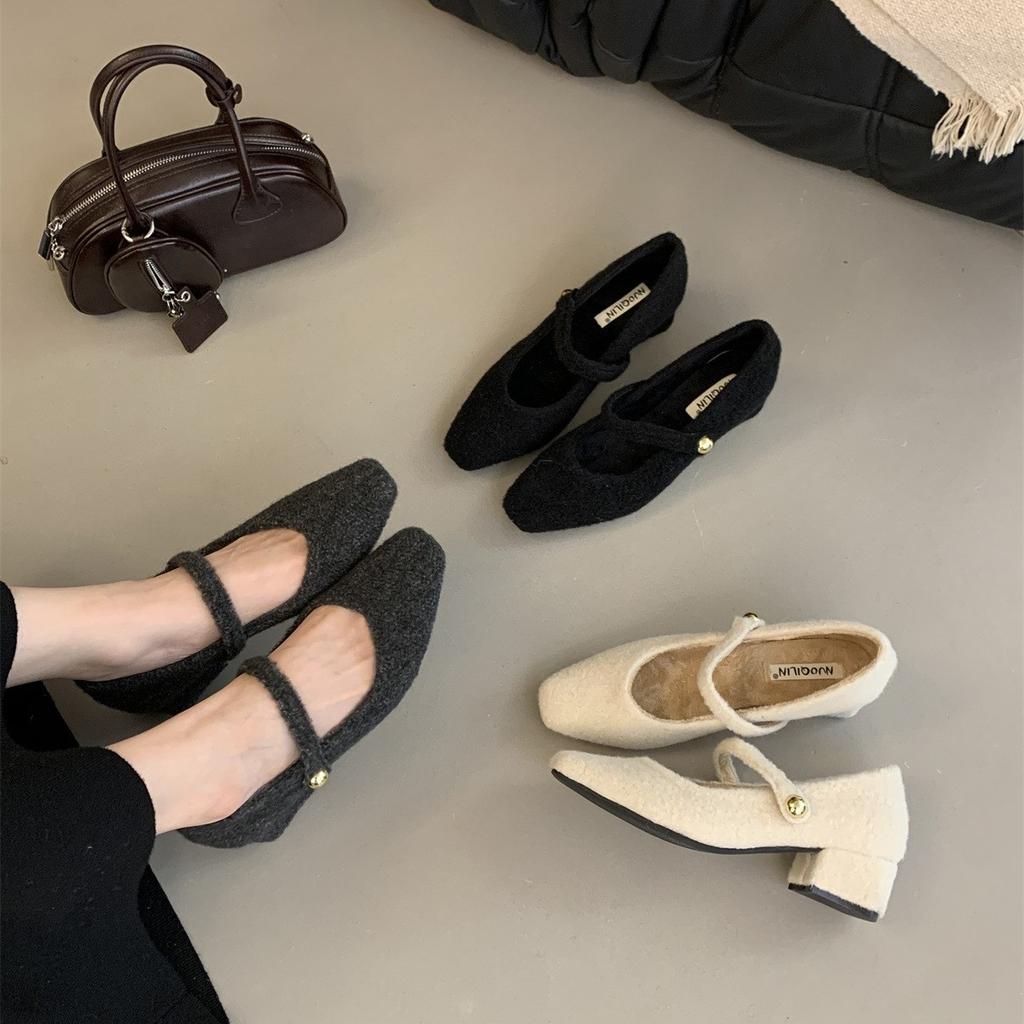 Medium velvet Mary Jane outer wear autumn and winter square head single shoes high heels evening shoes shoes fluffy shoes women