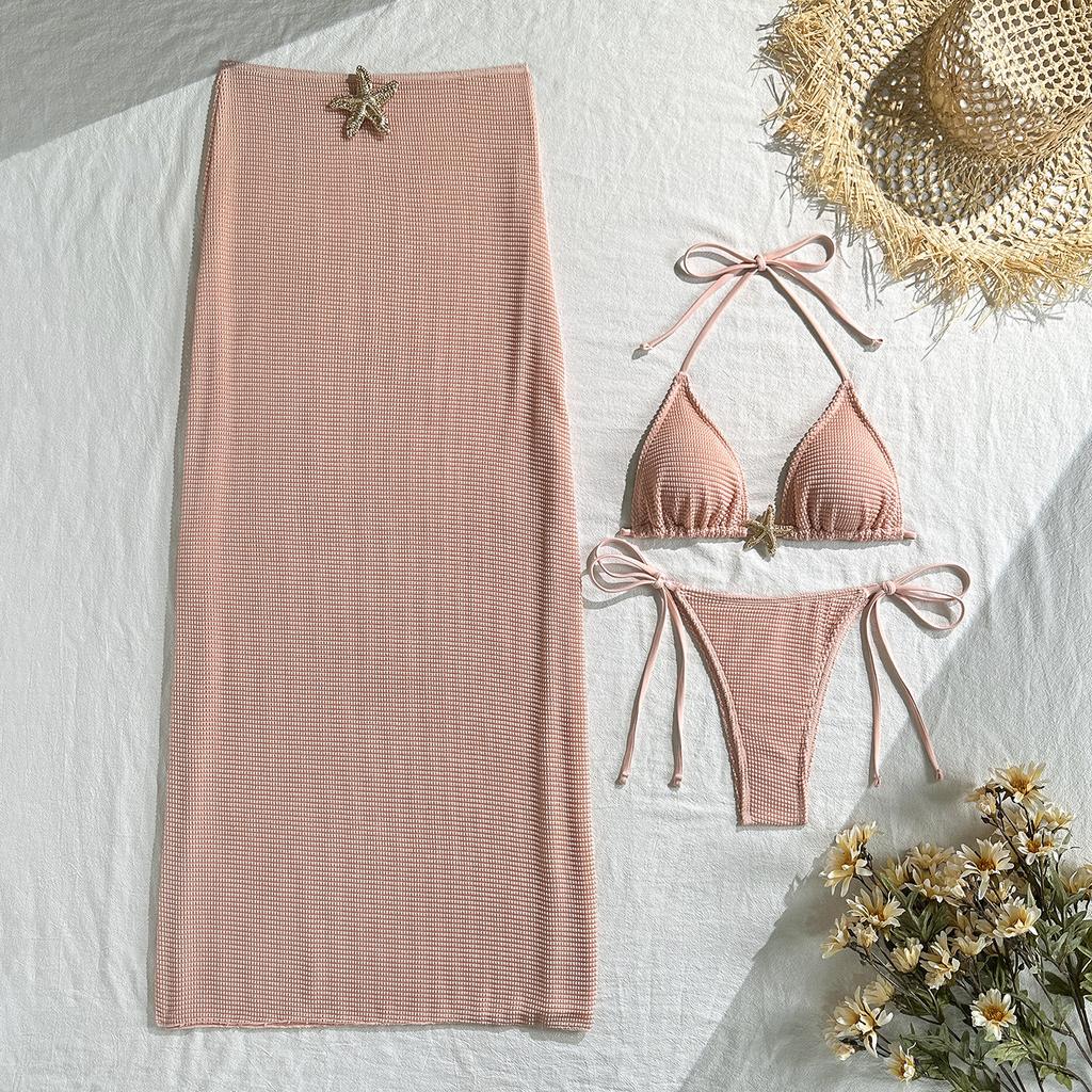 2026 Solid Color Mesh Dress Starfish Swimsuit Swimsuit Three-piece Bikini