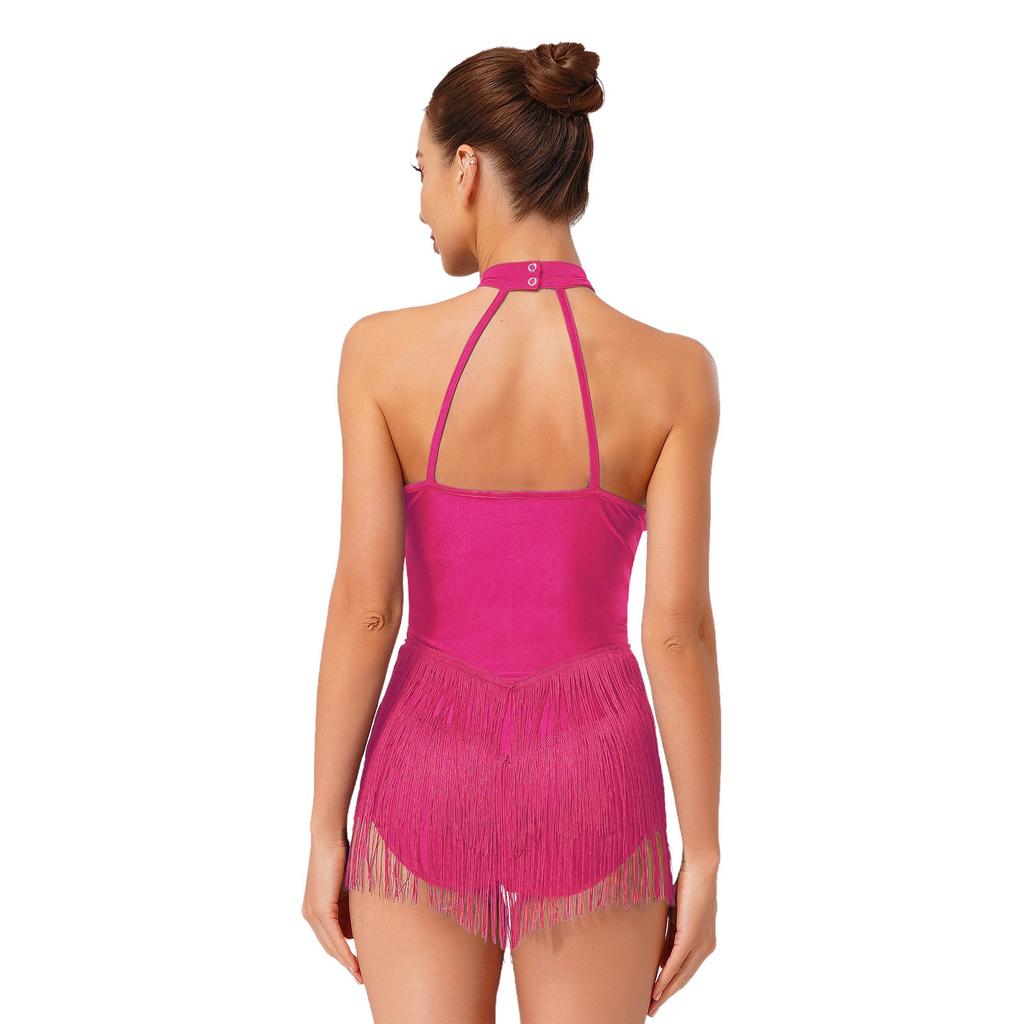 Womens Latin Dance Costume Sleeveless Backless Color Block Design Shiny Sequins Tassels Leotard