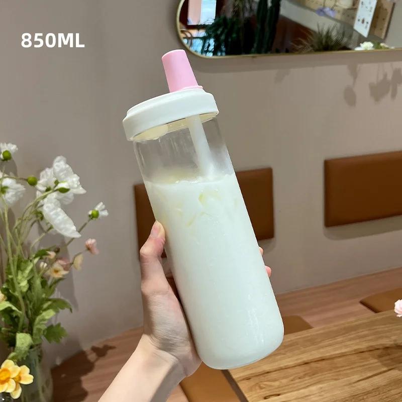500/850ml Large Capacity Water Bottles Milk Juice Glass Cup with Lid Straw Bubble Tea Coffee Cups Drinkware Transparent