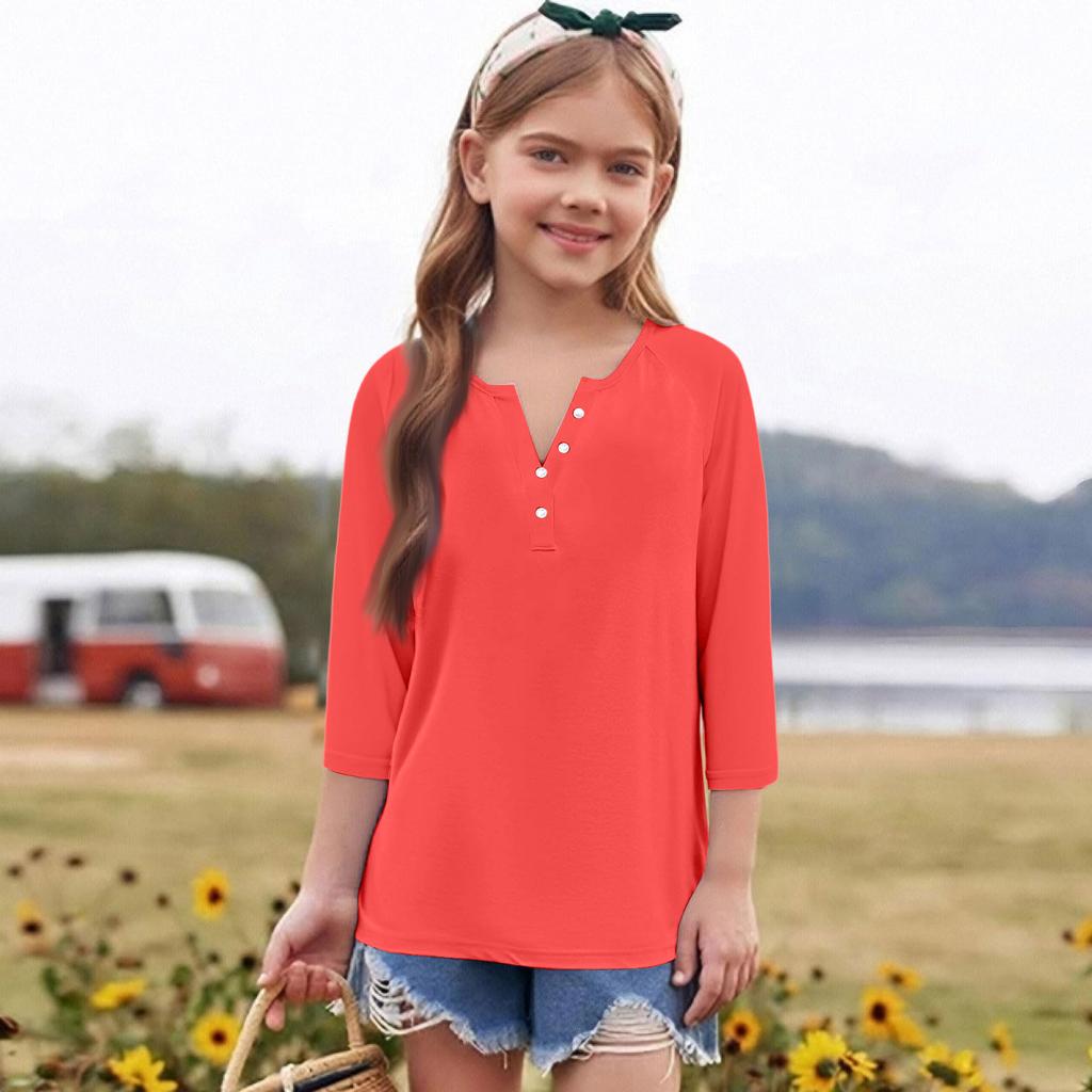 Print Tops For Youth Girls Round Neck 3/4 Sleeves T-Shirts Trendy Tops Outfit Tees