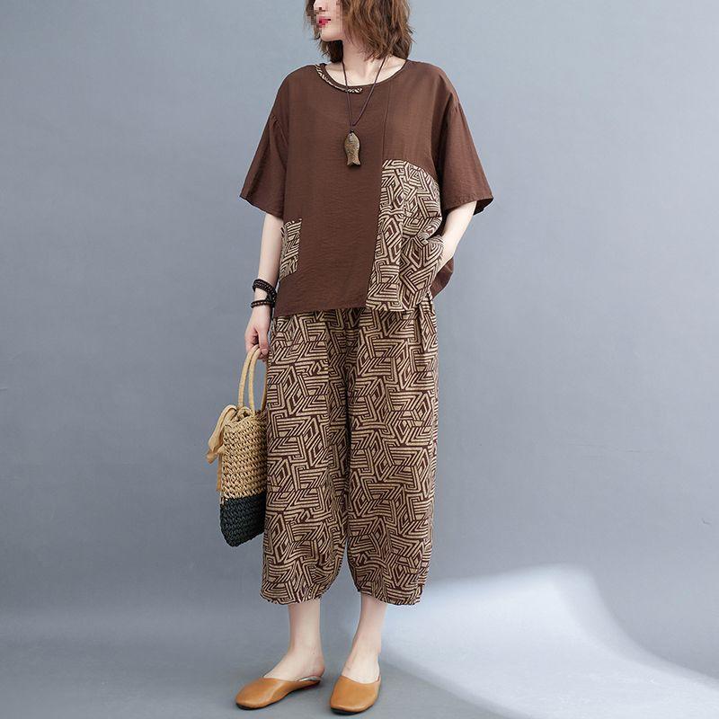 2026 Summer Women's Slimming Suit: Loose Top & Printed Nine-Point Pants Plus Size Two-Piece Set