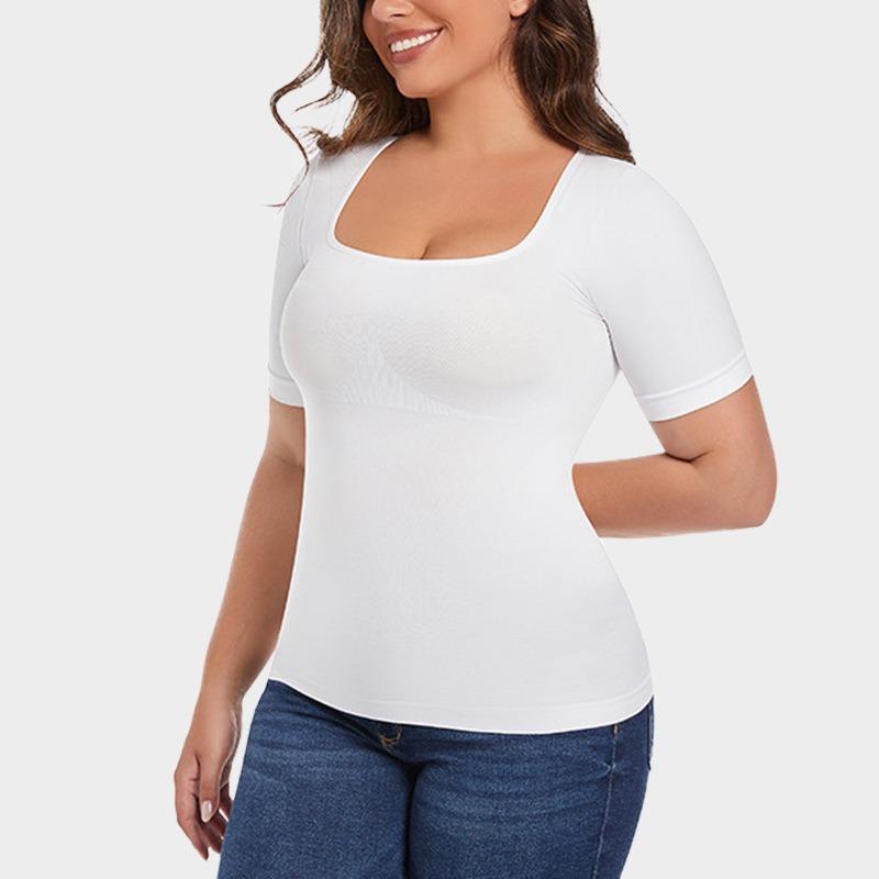 Women Plus Size Short Sleeve Seamless Tummy Control Body Shaper Shapewear Top