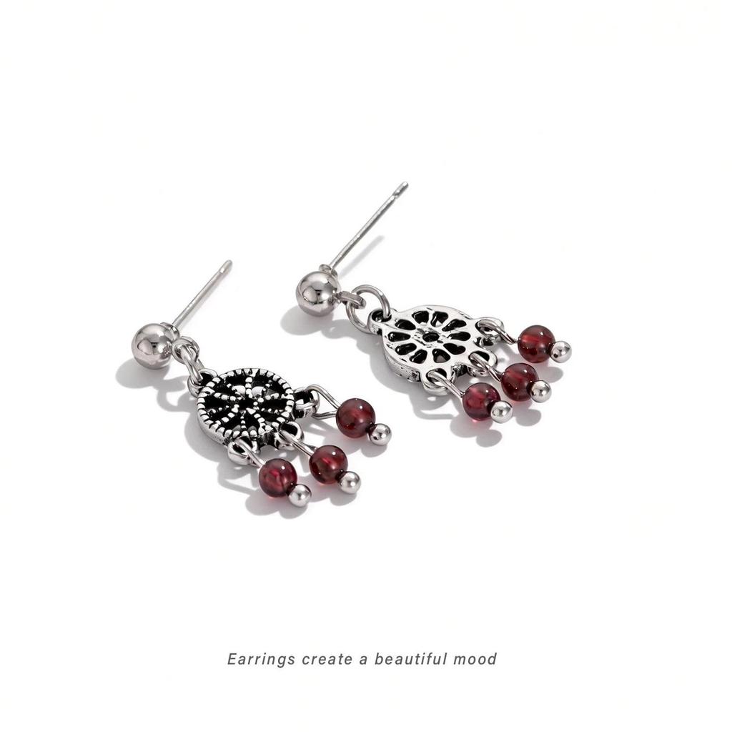 Dreamcatcher Tassel Earrings for Women - Wine Red Beads, Hanfu Style, High-End Design