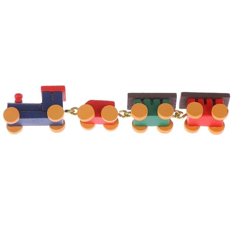 1/12 Miniature Wood Train Toy with Vibrancy Color Carriages and Metal Hooks for Doll House Scene Display Enhancement