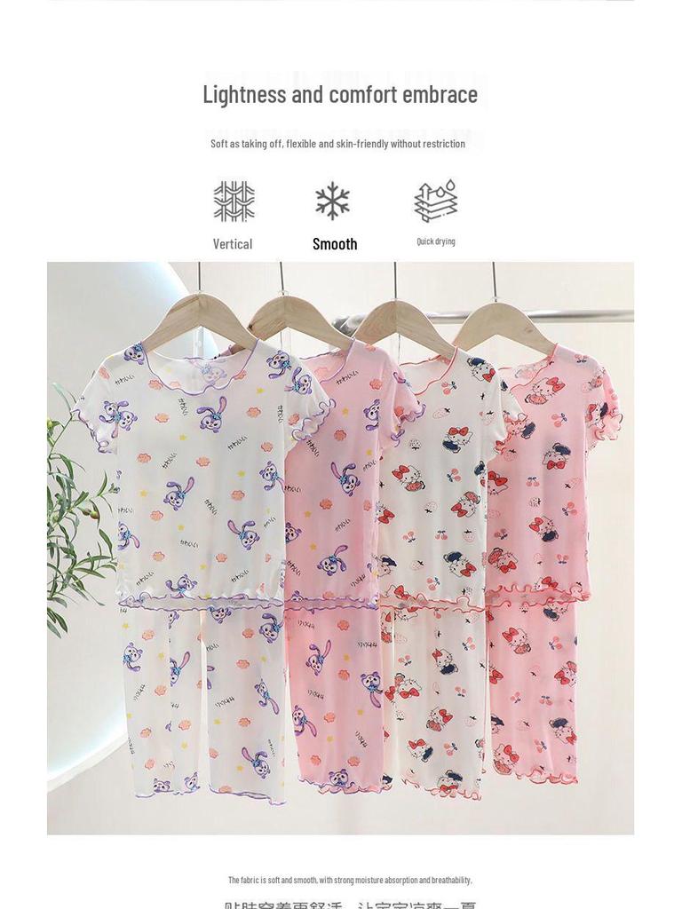 Ice Silk Girls' Short Sleeve Pajama Set - Summer Thin Two-Piece for Baby and Kids