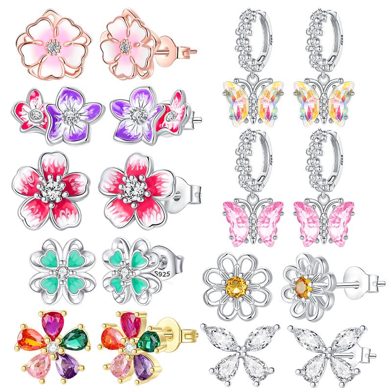 Seria Kwiatowa Kolczyki Sztyfty ze Srebra Próby 925 Motyl Fiołek Stokrotka Koniczyna Szczęście Romantyczna Biżuteria Ślubna Kolczyki z Kamieniem Cyrkonowym