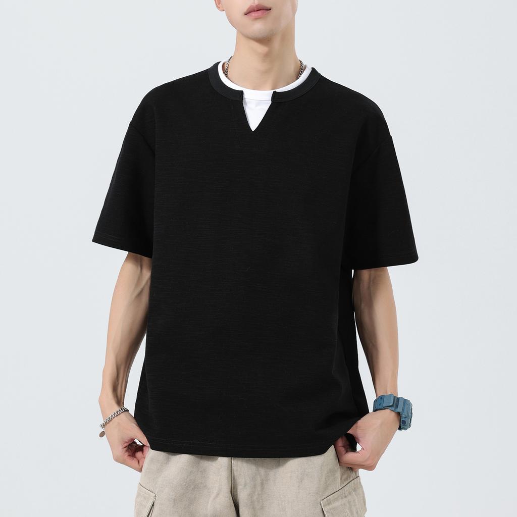 Men Fake Two Piece Notch Neck T Shirt Short Sleeve Loose Casual Textured Minimal Daily Summer Street Top