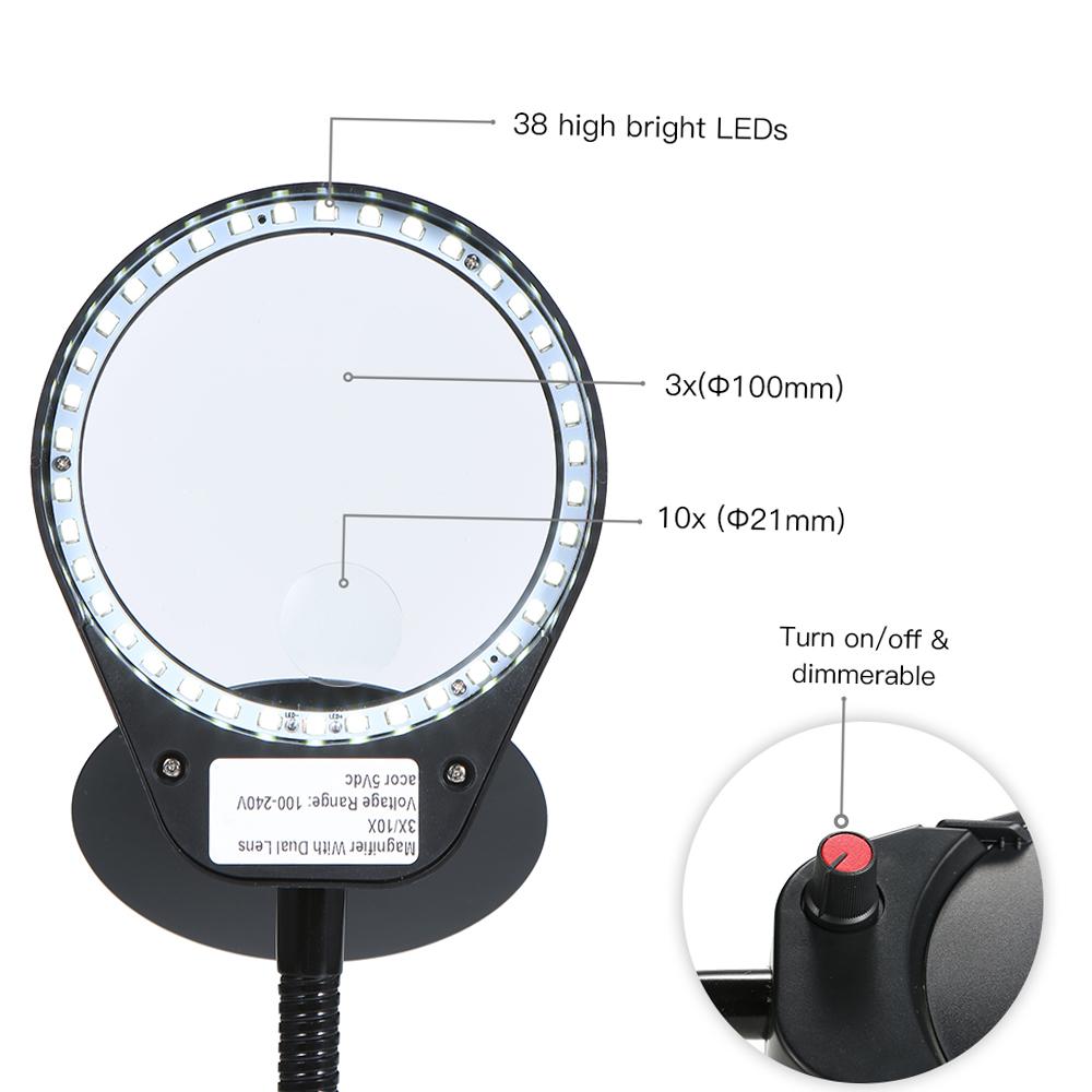Tomshine LED 3XCelsius10X Magnifier Glass with Clamp Clip Table Light Desk Lamp Magnifying Lens Design Illuminated Dimmable Brightness    