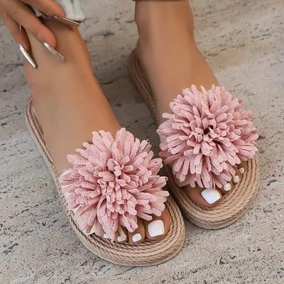 Damen Sandalen mit floralen Quasten, Zehenfrei, Flacher Absatz, Obermaterial aus Stoff, Sommer Strand Reiseschuhe mit Knöchelriemen, Elegante Riemchensandalen mit runder Zehenpartie