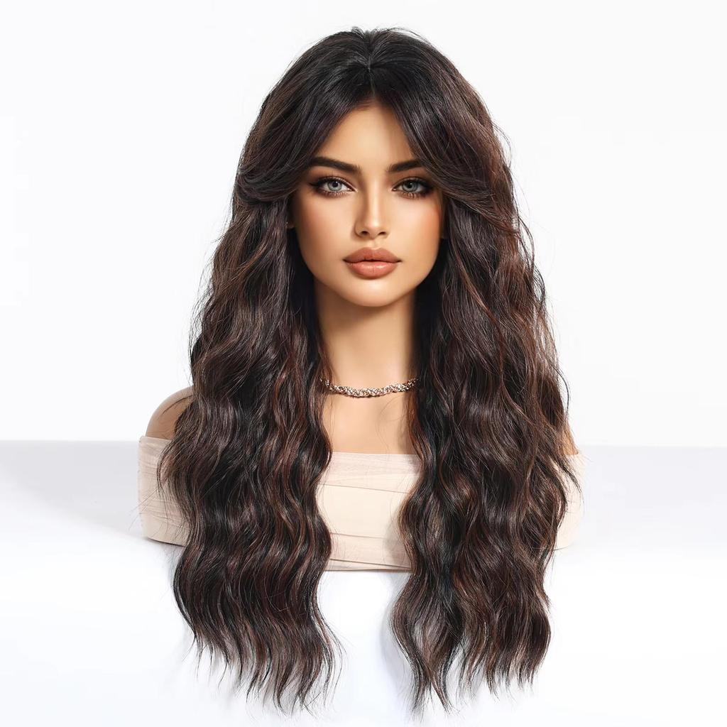 BLONDE UNICORN Synthetic Wig PDark Brown Curly Wavy Wigs with Bangs Cosplay Party UseHeat Resistant Fiber for Women Girl