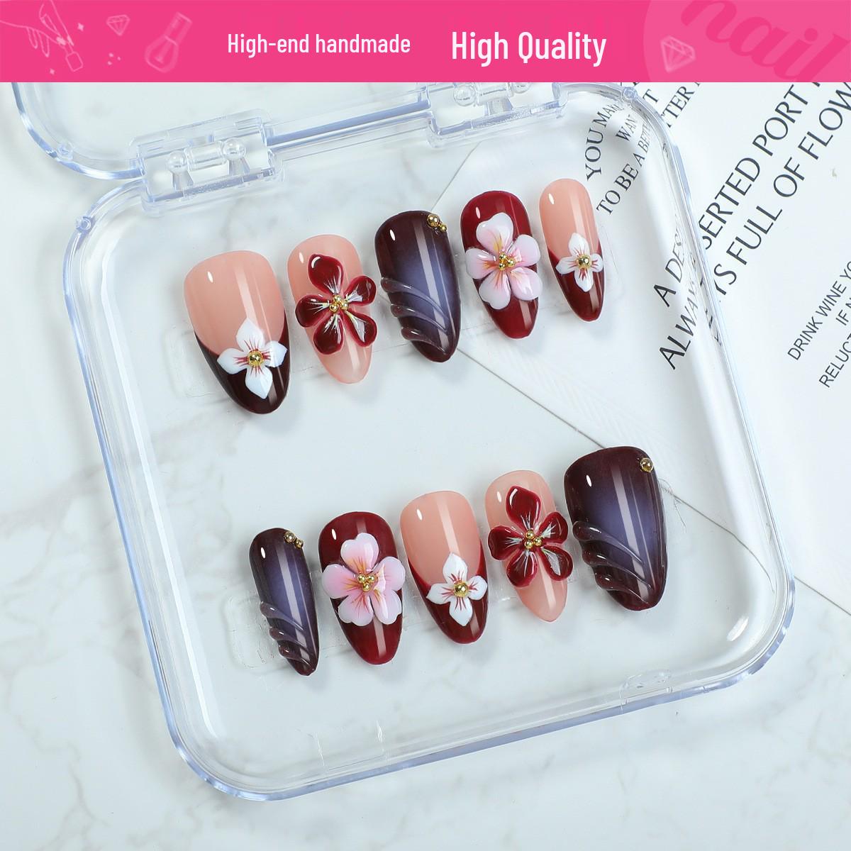 

Handmade Wearable French Flower Ombre Nails - Exquisite Hand-Painted Design Small