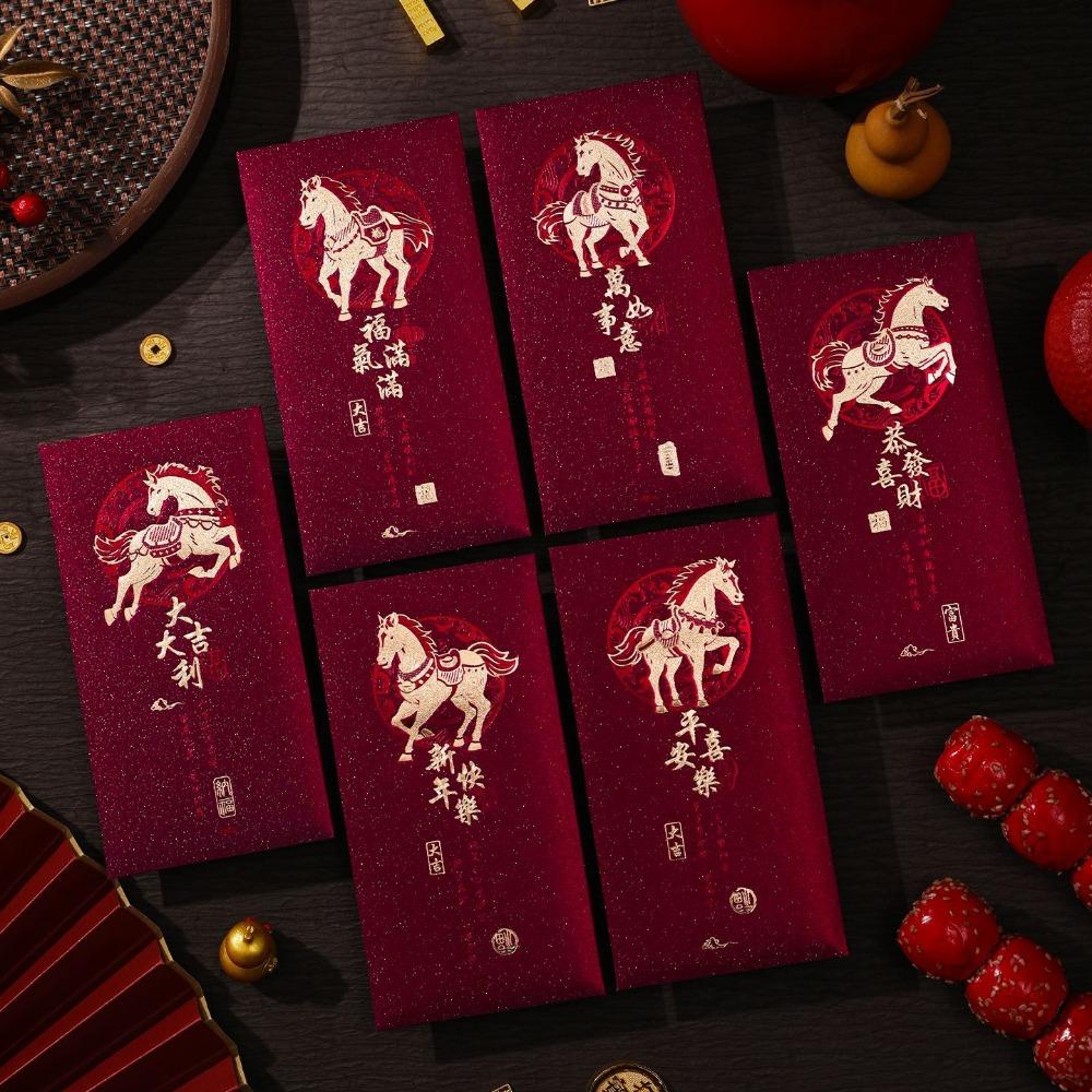 6Pcs Gold Foil Design Red Envelopes Lucky 2026 Luck Money Bag  Year of The Horse