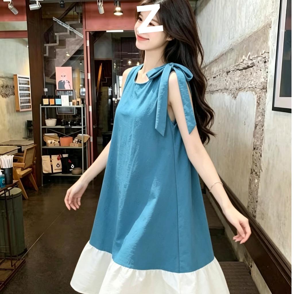 Lazy wind contrasting color fishtail vest skirt round neck unilateral strap loose meat covering small daily casual dress