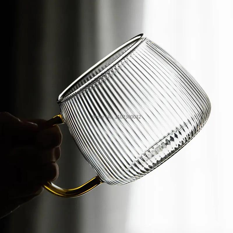 1-6PCS Japanese Striped Glass with HandleTransparent Water Cup Home Net Celebrity Heat-Resistant Drinking Juice Cup Wine Glasses