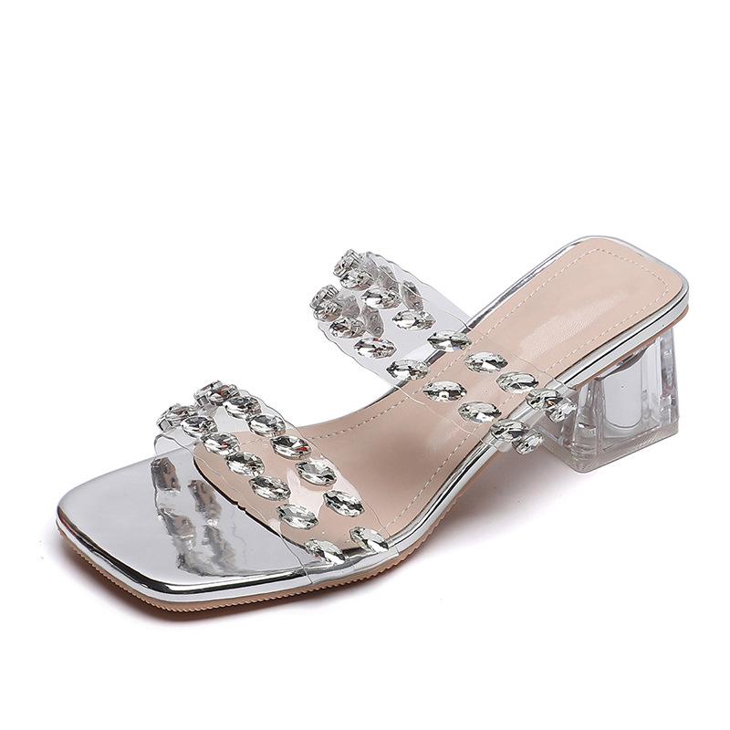 2025 spring and summer explosion silver rhinestone temperament square head word with high heels female sexy open-toed thin heel cool slippers
