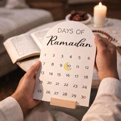 Akrylowy Kalendarz Adwentowy Ramadan 30 Dni Drewniana Podstawa Ramadanowa Ozdoba Stołu Białe Lustro Rękodzieło DIY Kalendarz Odliczania