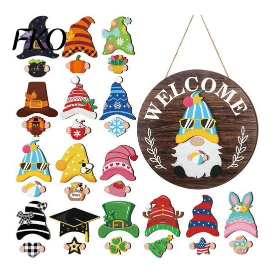 Wood Sign Decor 1 Set Interchangeable Wooden Welcome with Seasonal Hat Accessories Gnome Wall Hanging Highland Cow Front Door Home Office