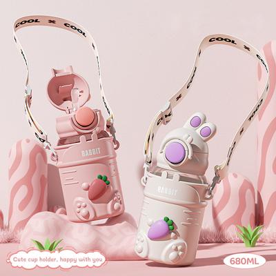 600 ml Cartoon-Häschen-Kinderwasserflasche mit Strohhalm, Kinder-Plastikbecher, tragbar, auslaufsicher, Trinkflasche