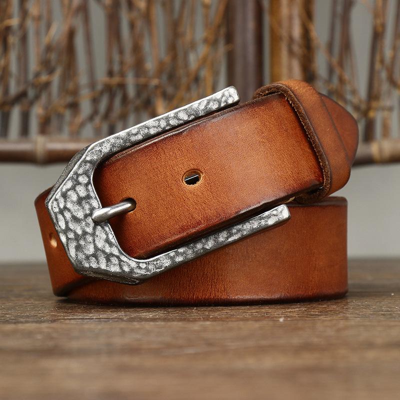 Belt Men's Retro Personality Hammered Stainless Steel Buckle Genuine Cattlehide Leather Surface Trendy All-Matching Jeans Belt Men