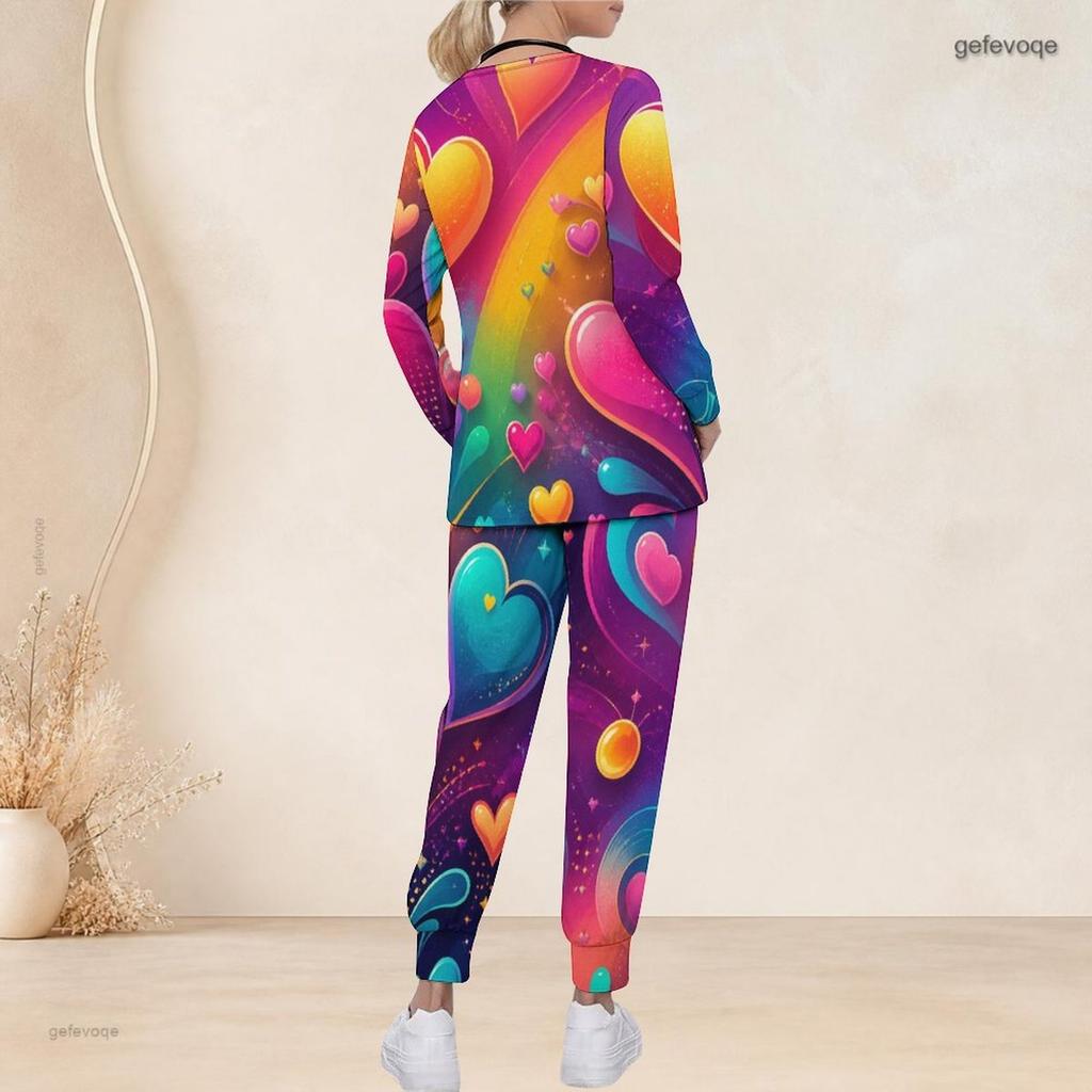 Women Plus Size V Neck Long Sleeve Scrub Set Colorful Rainbow Gradient Heart Print Nurse Uniform Set