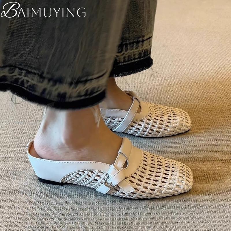 Fashion Weave Casual Mules Shoes Woman Summer Square Toe Slippers Women Flat Sandals 2025 Trend Comfort Slides Soft Leather Sandalias