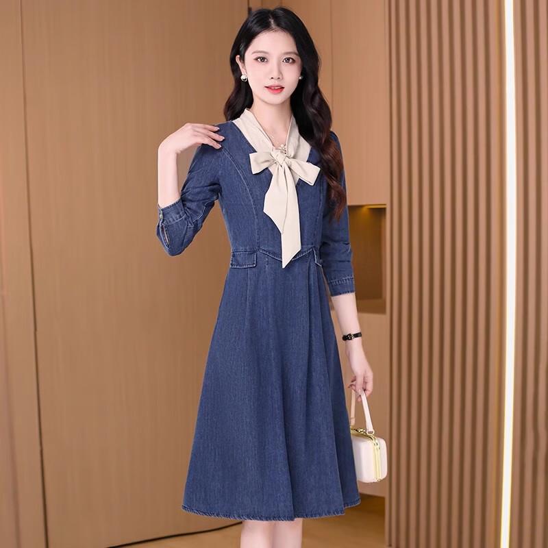 

Kobel Women s 2025 Spring Denim Midi Dress with Bow Tie Collar XL