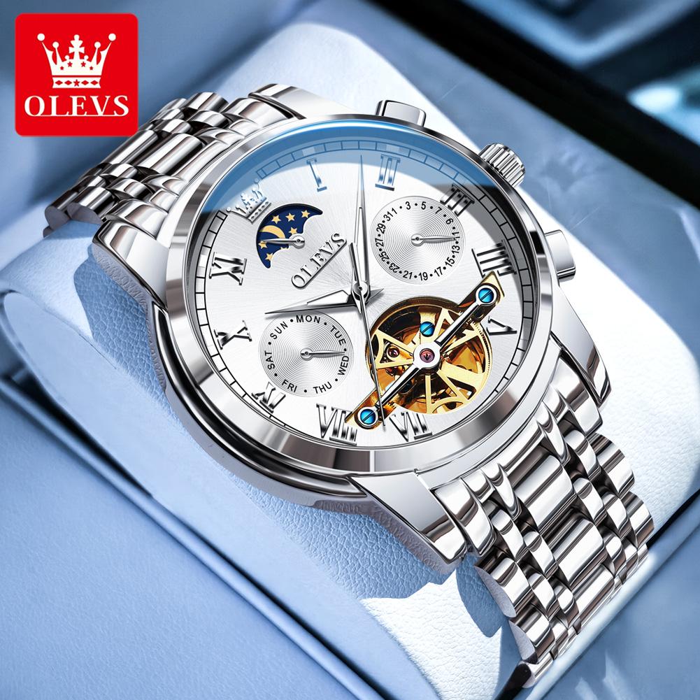 OLEVS Uhren Für Mann Mondphase Luxus Edelstahl Schwungrad Mechanische Handuhr Datum Wasserdicht Leuchtend Herrenuhr 6617