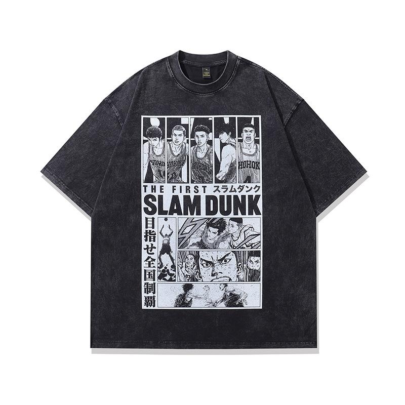 Trendy Brand Men'S Clothing American Vintage Retro Kpop Printing Heavy Cotton Washed Short-Sleeved T-Shirt Men And Women Trendy