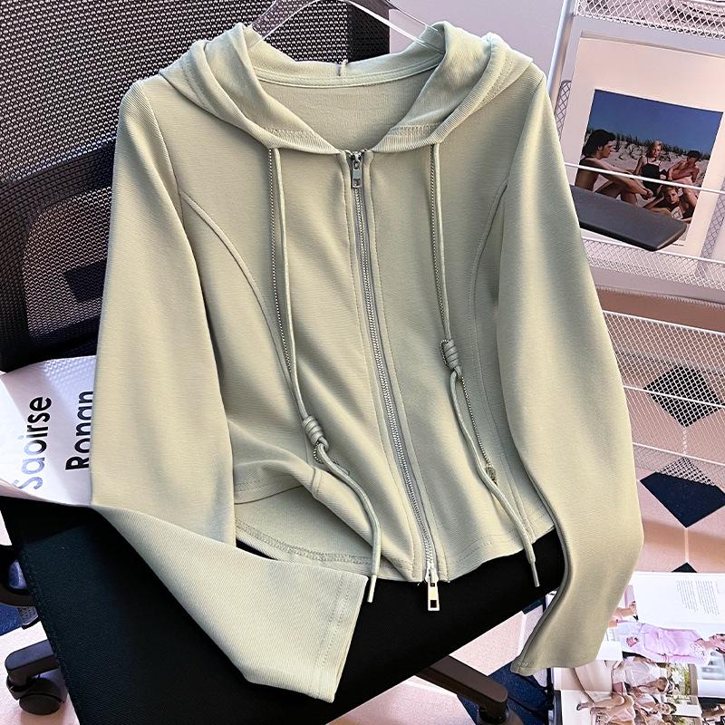 Gray Hooded Sweatshirt for Women Updated Autumn and Winter Thin Versatile Jacket Double Zipper Slim Fit Slim Pullover Top