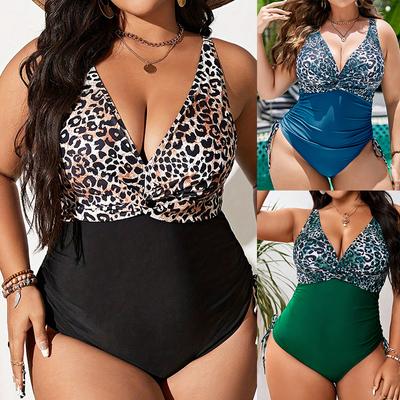 Plus Size Bikiny Leopard Tisk Jednodílné Plavky Dámské Sexy Hluboký V-Výstřih Květinový Tisk Bikiny Plavky Plážové Tankini